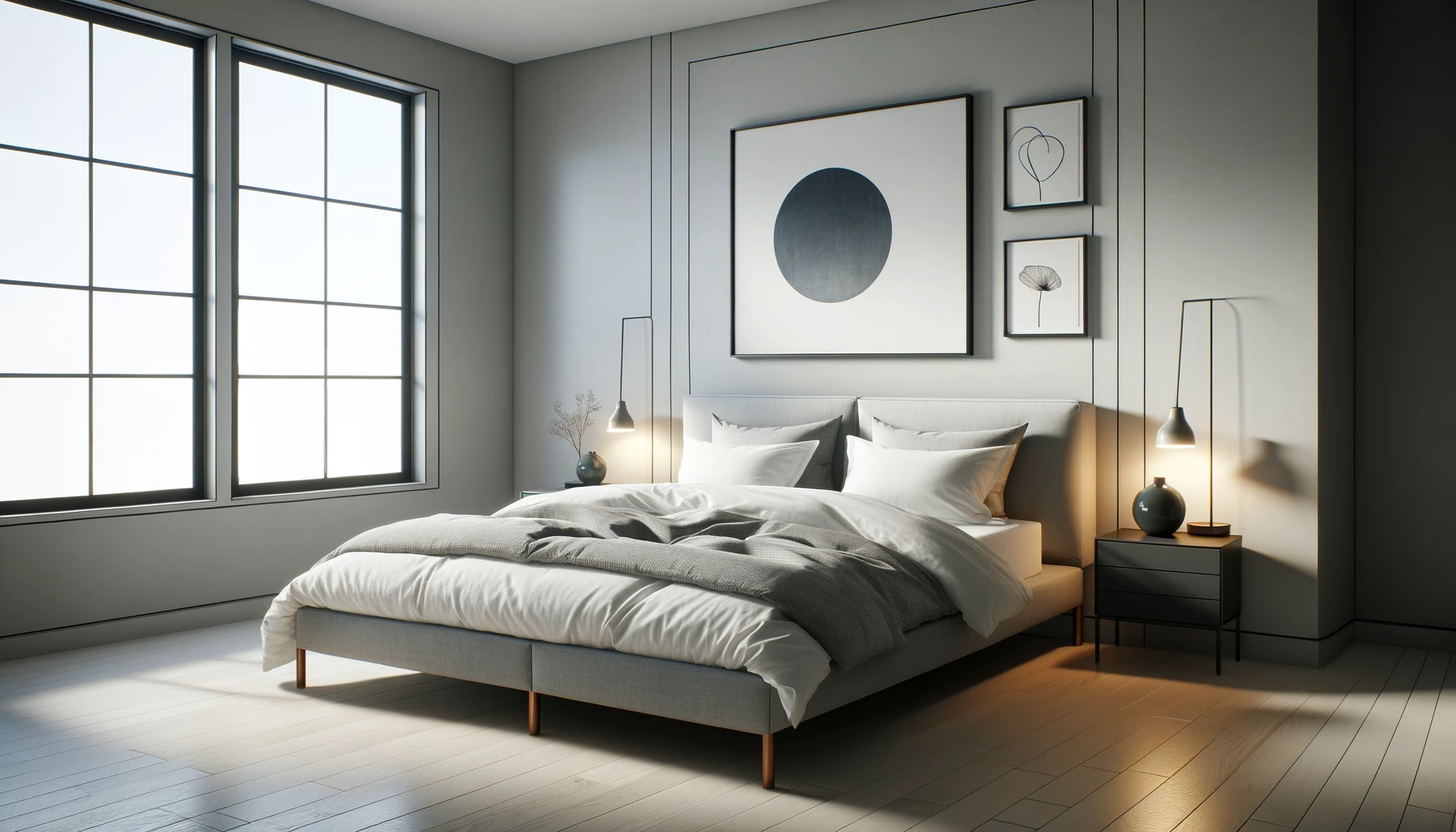 DALL·E 2024-01-08 19.20.40 – Create a high-resolution image of a modern minimalist bedroom. The room has light grey walls and a large window with diffused lighting suggestin DALL·E 2024-01-08 19.20.40 - Create a high-resolution image of a modern minimalist bedroom. The room has light grey walls and a large window with diffused lighting suggestin
